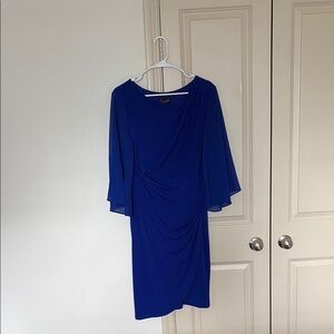 Connected Apparel Blue Asymmetrical Bell Sleeve Sheath Dress